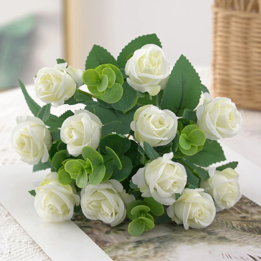 Artificial Flowers for Home Decor Outdoor Garden Christmas Eucalyptus Leaves Wedding Party Silk Roses Bouquet