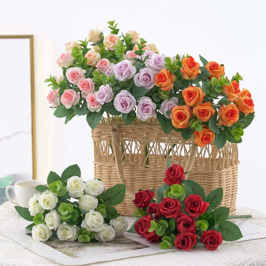 Artificial Flowers for Home Decor Outdoor Garden Christmas Eucalyptus Leaves Wedding Party Silk Roses Bouquet