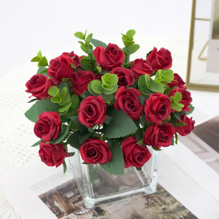 Artificial Flowers for Home Decor Outdoor Garden Christmas Eucalyptus Leaves Wedding Party Silk Roses Bouquet