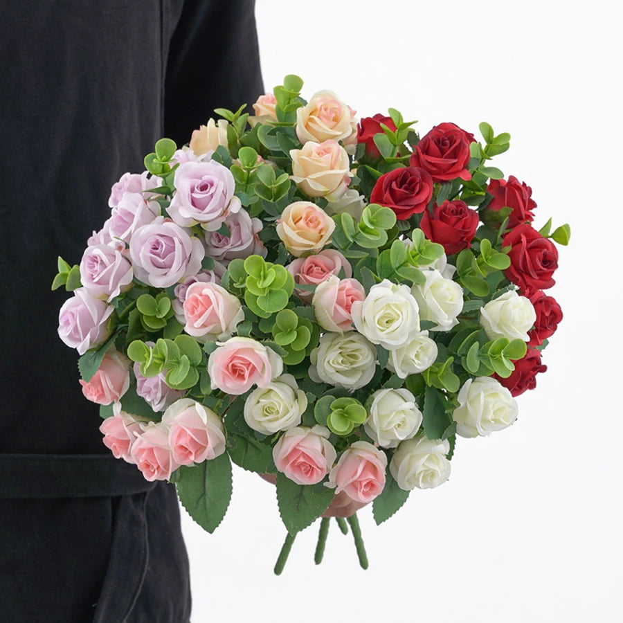 Artificial Flowers for Home Decor Outdoor Garden Christmas Eucalyptus Leaves Wedding Party Silk Roses Bouquet