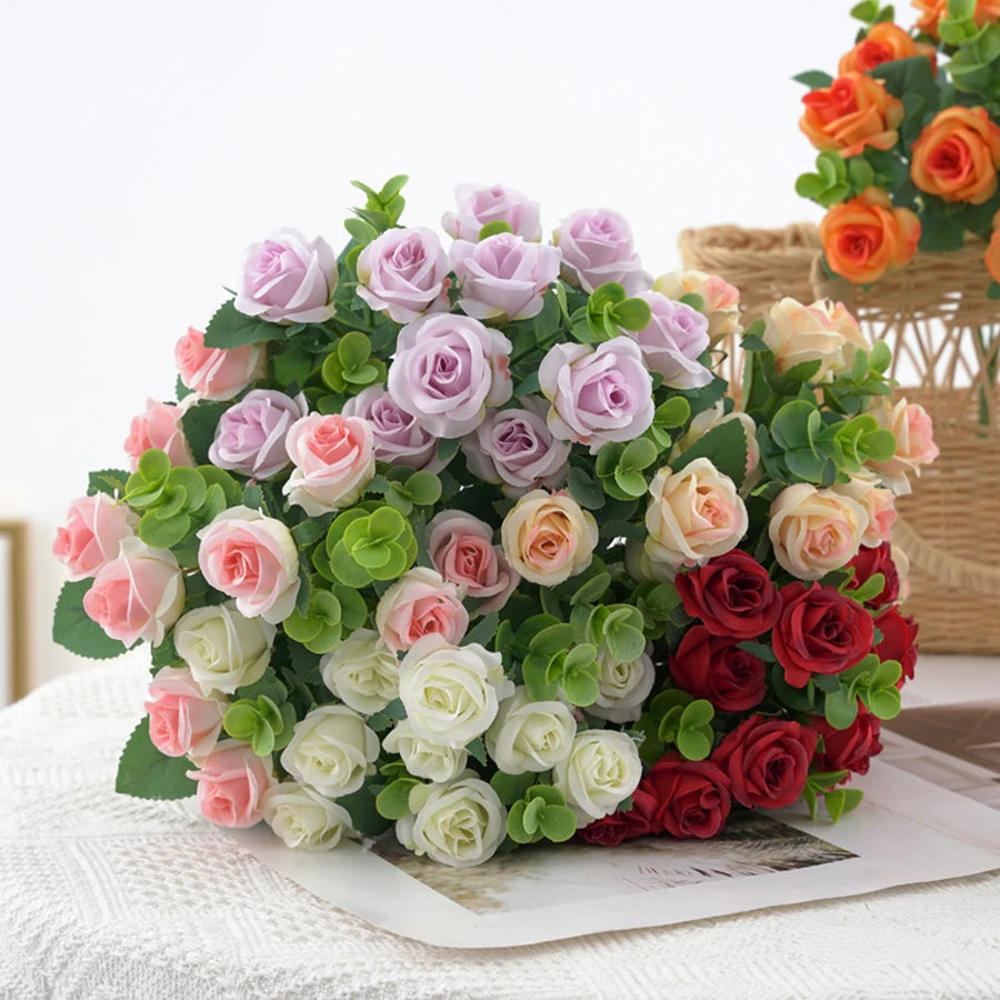Artificial Flowers for Home Decor Outdoor Garden Christmas Eucalyptus Leaves Wedding Party Silk Roses Bouquet