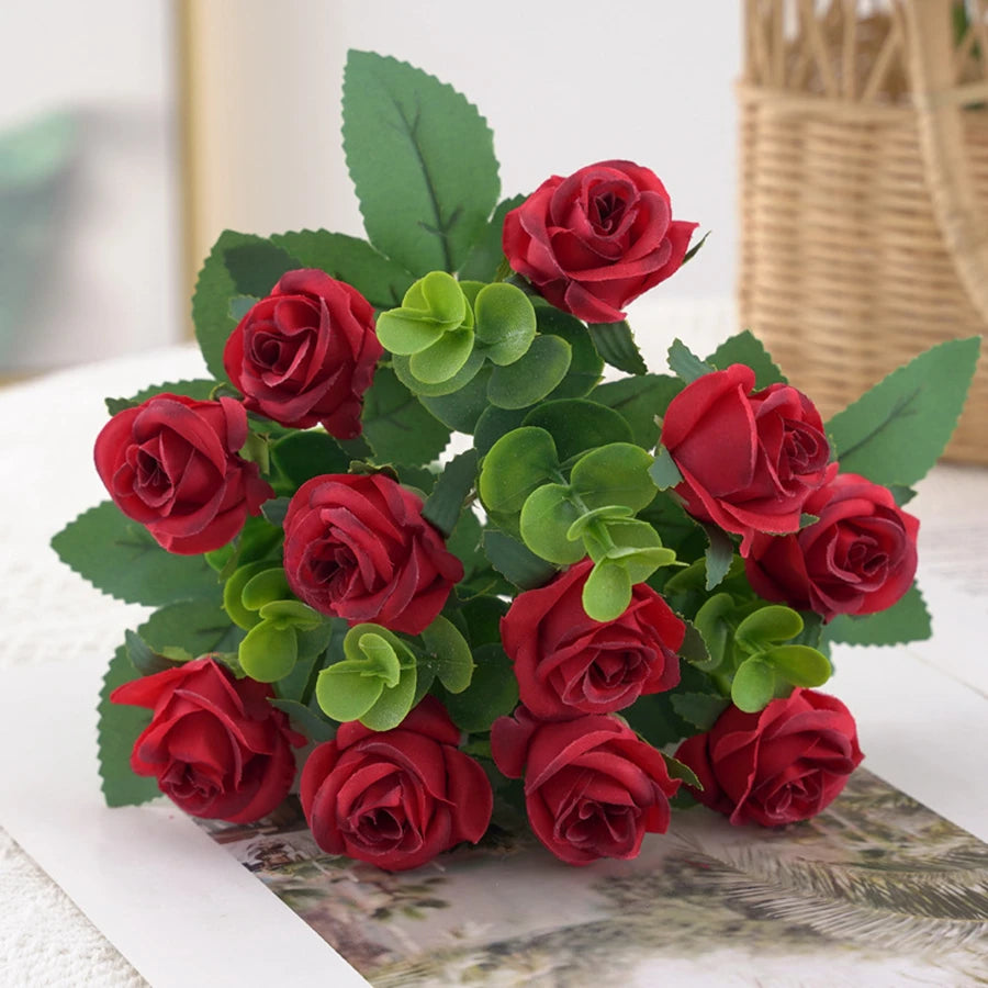 Artificial Flowers for Home Decor Outdoor Garden Christmas Eucalyptus Leaves Wedding Party Silk Roses Bouquet