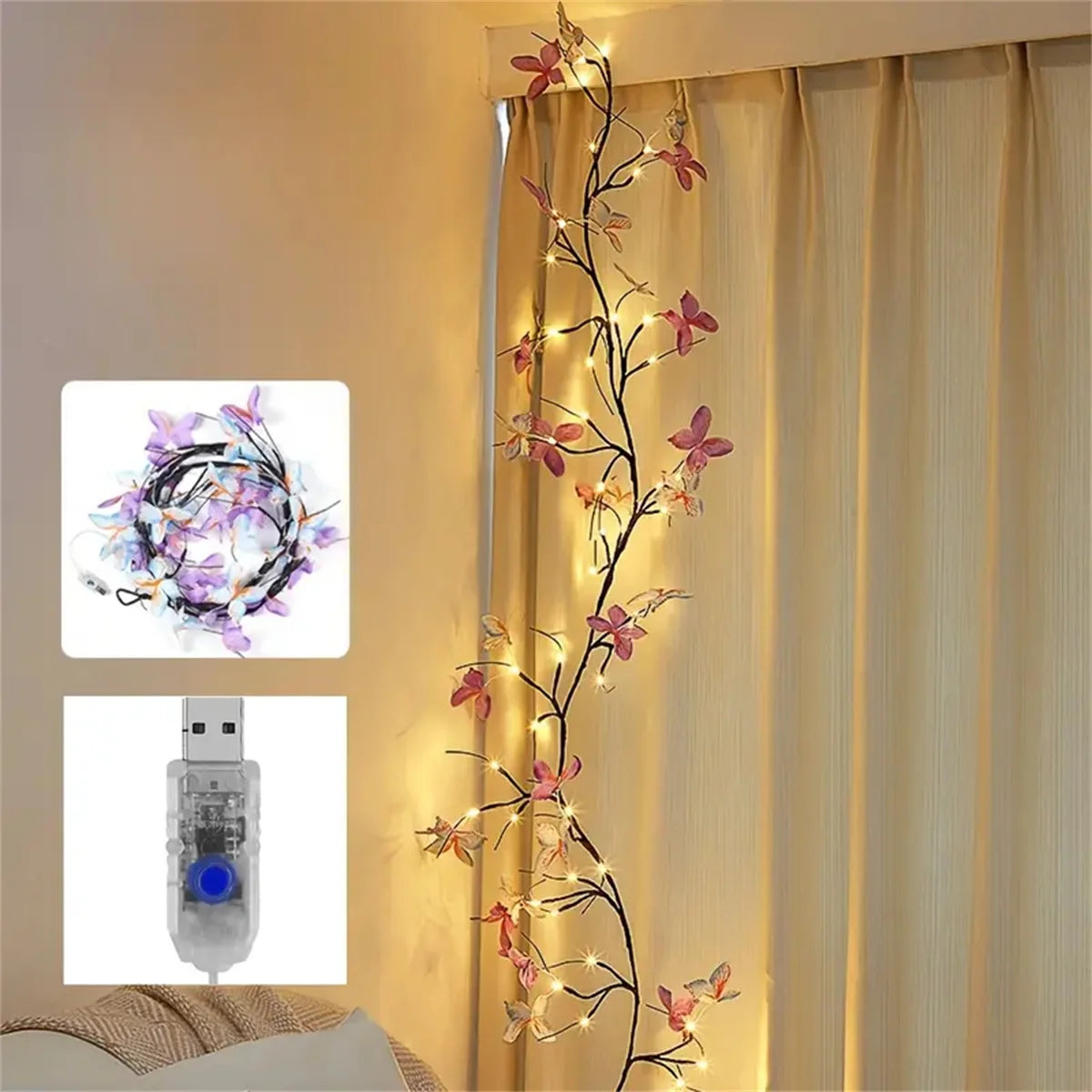 1PC/2PC 30Led Willow Vine String Light 1.3M 8 Modes USB Butterfly Festival Room Decoration Indoor And Outdoor Wall Lights