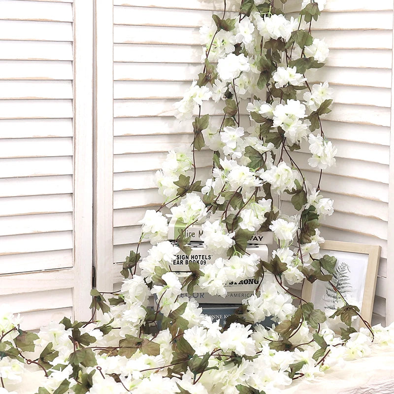 Artificial Sakura Flowers Vine Hanging Decorating Floral Garland Home Garden Wedding Arch Party Cherry Blossom Wall Decor Arrangement