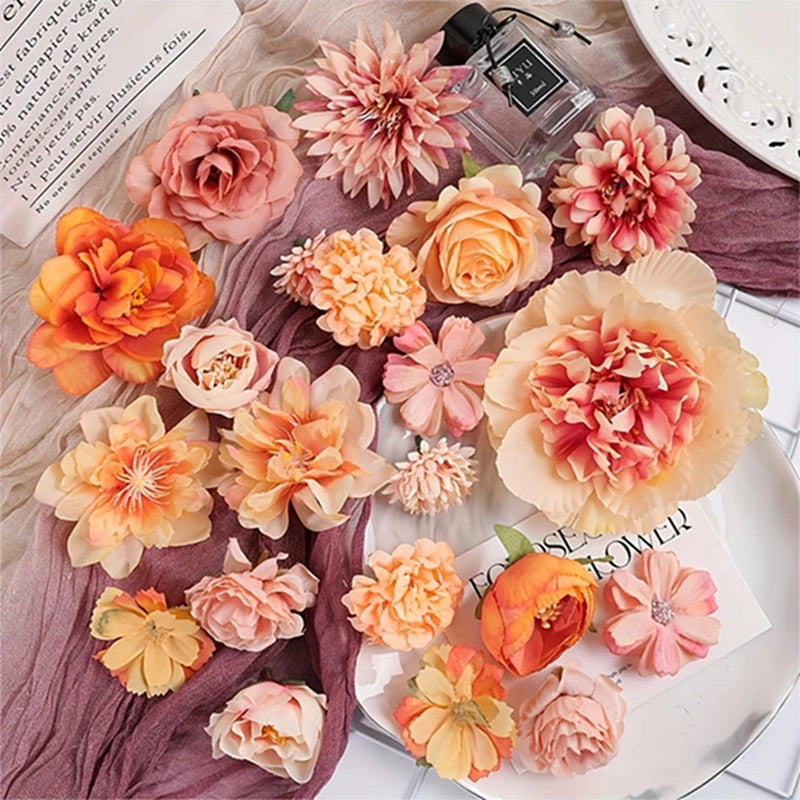 Artificial Flowers Head Silk Fake Flowers for Home Decor Wedding Marriage Decoration Bride DIY Craft Gifts Garland Accessories