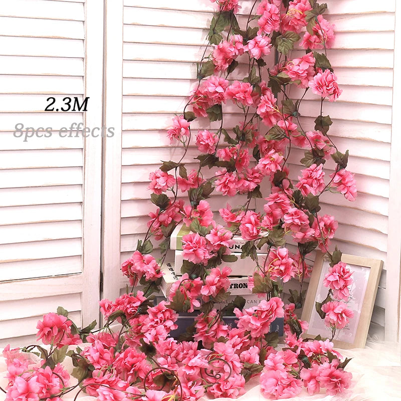 Artificial Sakura Flowers Vine Hanging Decorating Floral Garland Home Garden Wedding Arch Party Cherry Blossom Wall Decor Arrangement