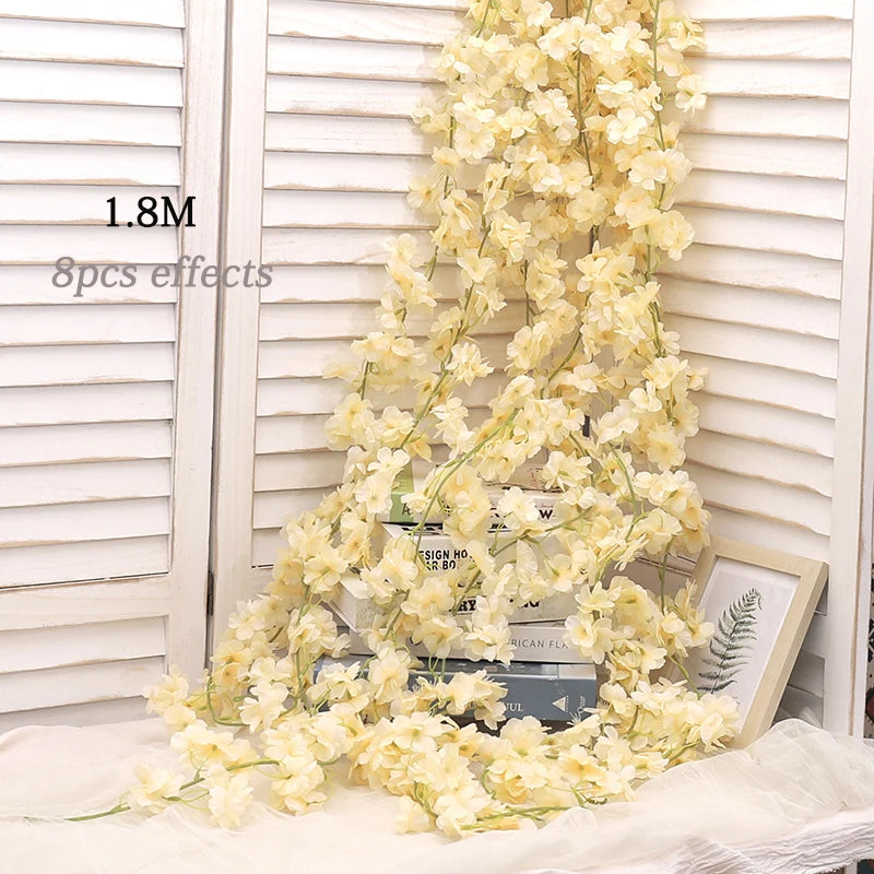 Artificial Sakura Flowers Vine Hanging Decorating Floral Garland Home Garden Wedding Arch Party Cherry Blossom Wall Decor Arrangement