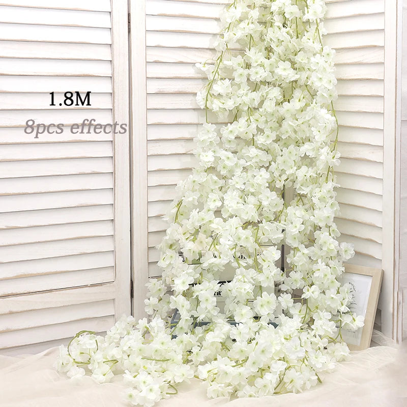 Artificial Sakura Flowers Vine Hanging Decorating Floral Garland Home Garden Wedding Arch Party Cherry Blossom Wall Decor Arrangement
