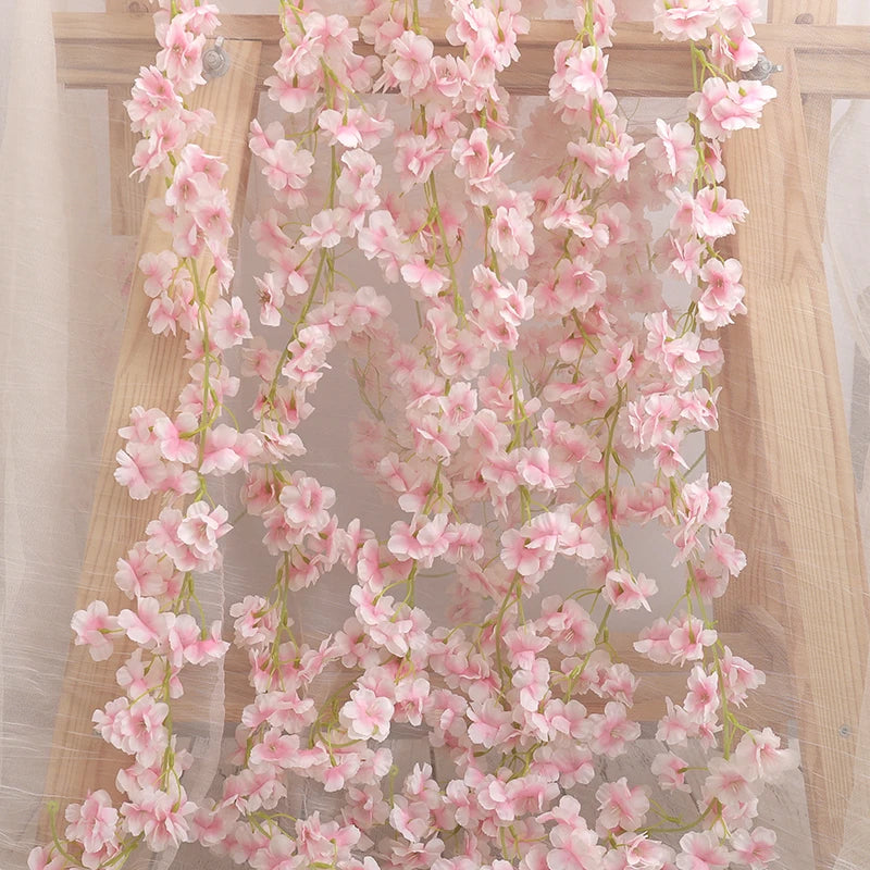 Artificial Flower Silk Cherry Blossom Hanging Vine Home Garden Wedding Garland Arch Party Cherry Blossom Wall Decoration