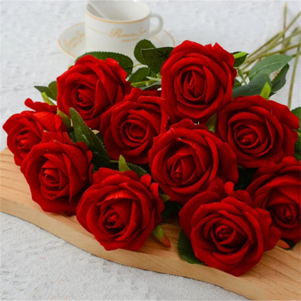 1pcs Rose Artificial Flower Silk Roses Burgundy Flower Fake Rose Bunch Bride Wedding Party Table Vase Decoration Home Decor 2024