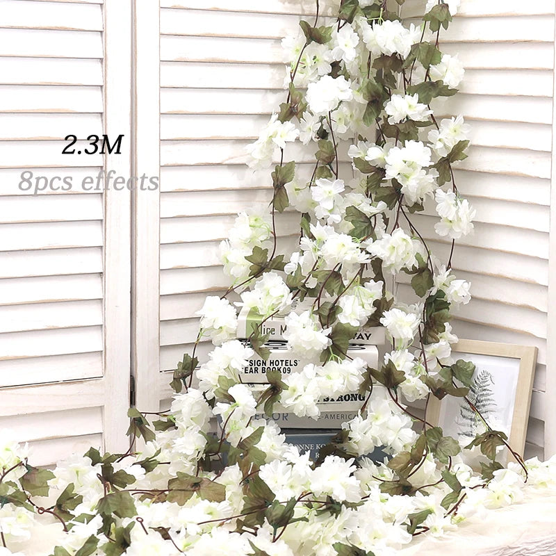 Artificial Sakura Flowers Vine Hanging Decorating Floral Garland Home Garden Wedding Arch Party Cherry Blossom Wall Decor Arrangement