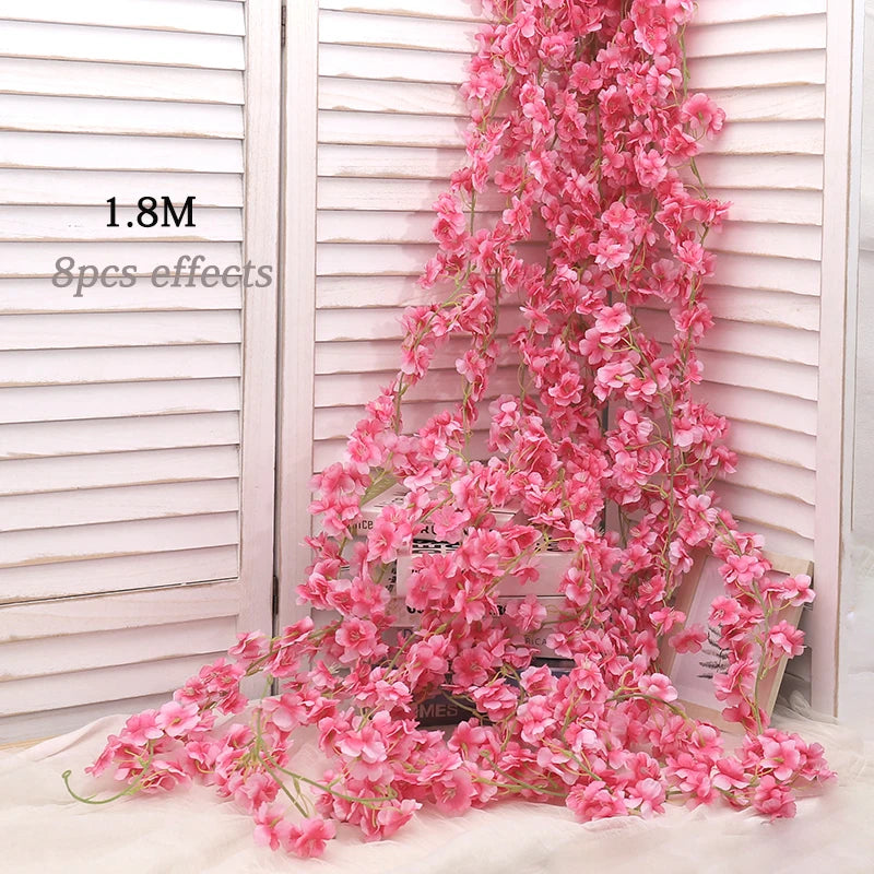 Artificial Sakura Flowers Vine Hanging Decorating Floral Garland Home Garden Wedding Arch Party Cherry Blossom Wall Decor Arrangement