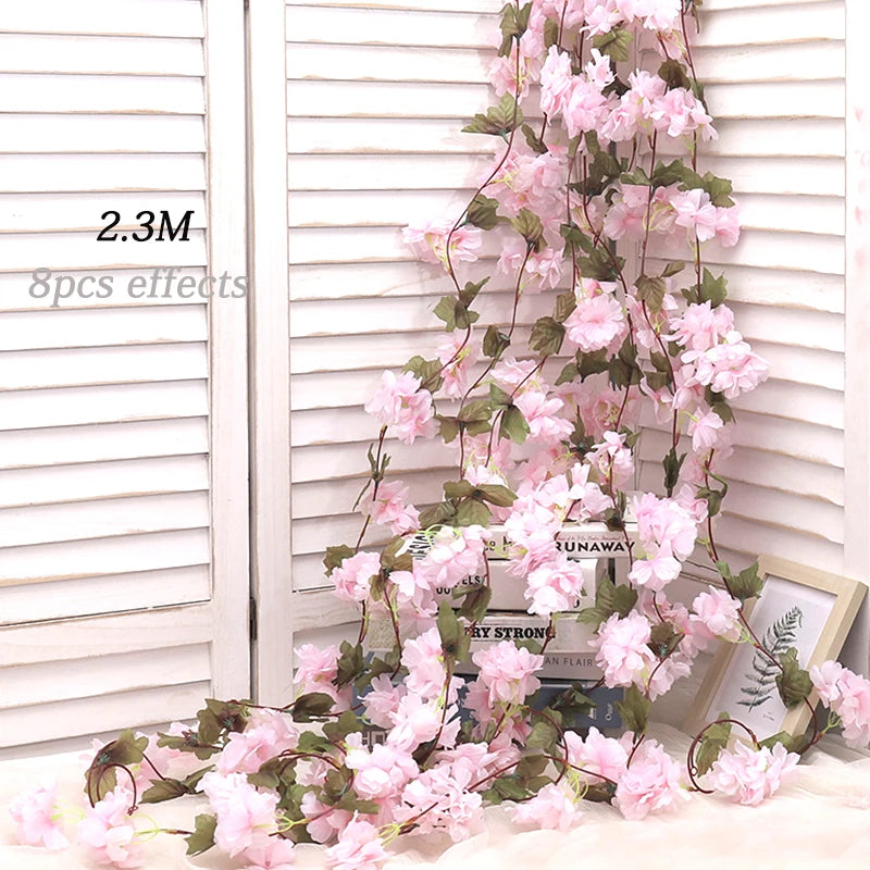 Artificial Sakura Flowers Vine Hanging Decorating Floral Garland Home Garden Wedding Arch Party Cherry Blossom Wall Decor Arrangement