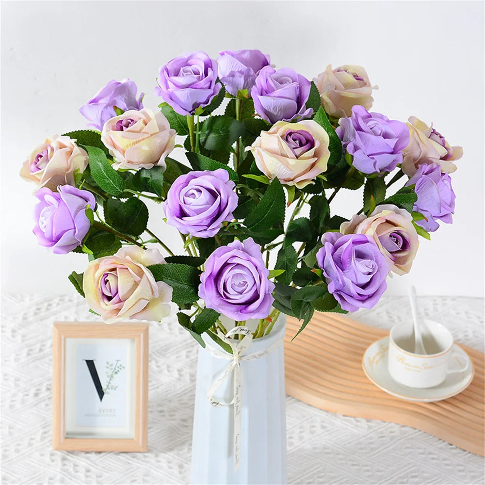 1pcs Rose Artificial Flower Silk Roses Burgundy Flower Fake Rose Bunch Bride Wedding Party Table Vase Decoration Home Decor 2024