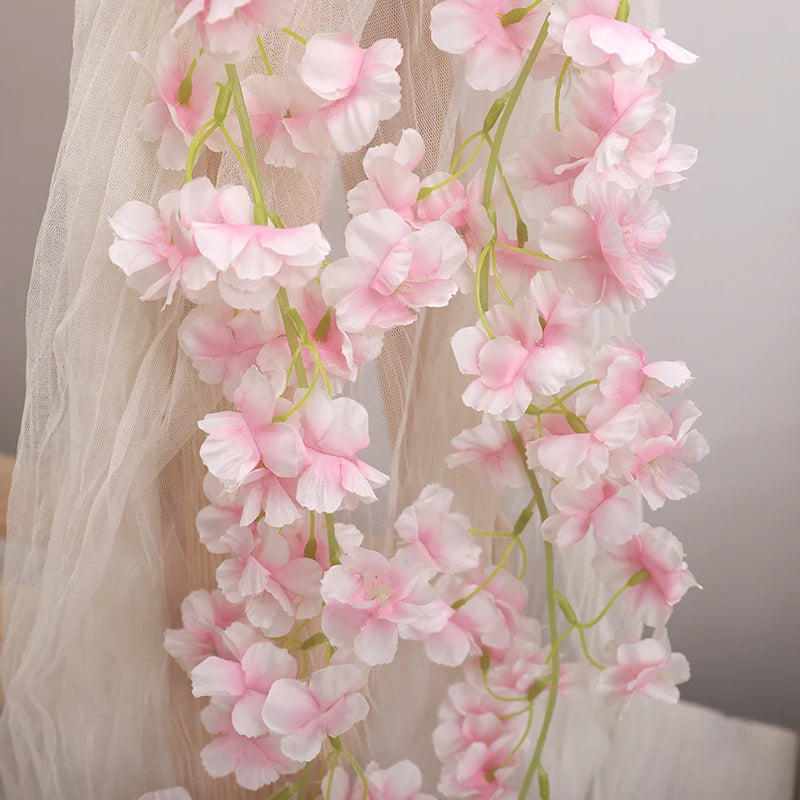 Artificial Flower Silk Cherry Blossom Hanging Vine Home Garden Wedding Garland Arch Party Cherry Blossom Wall Decoration