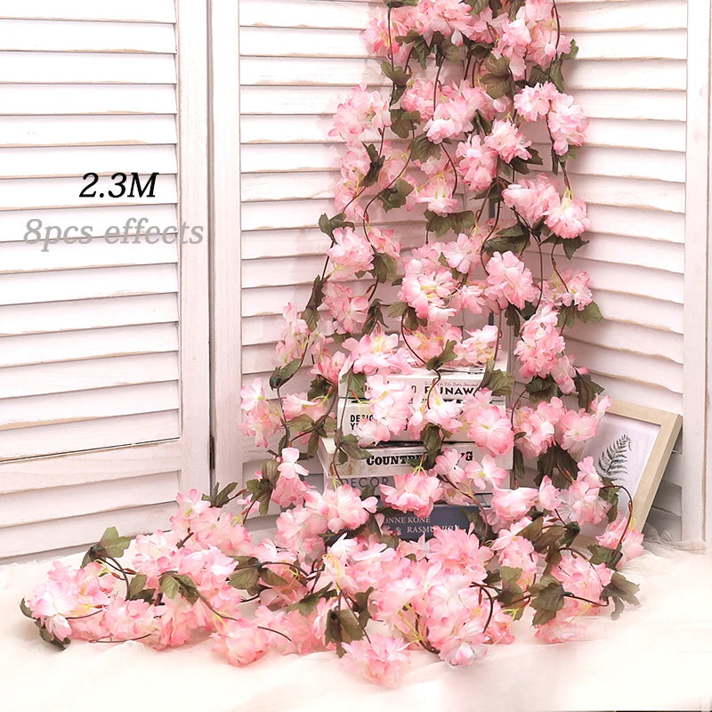 Artificial Sakura Flowers Vine Hanging Decorating Floral Garland Home Garden Wedding Arch Party Cherry Blossom Wall Decor Arrangement