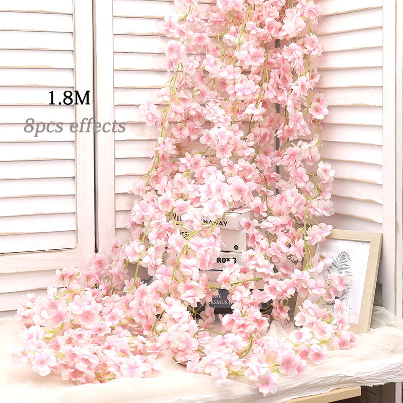 Artificial Sakura Flowers Vine Hanging Decorating Floral Garland Home Garden Wedding Arch Party Cherry Blossom Wall Decor Arrangement